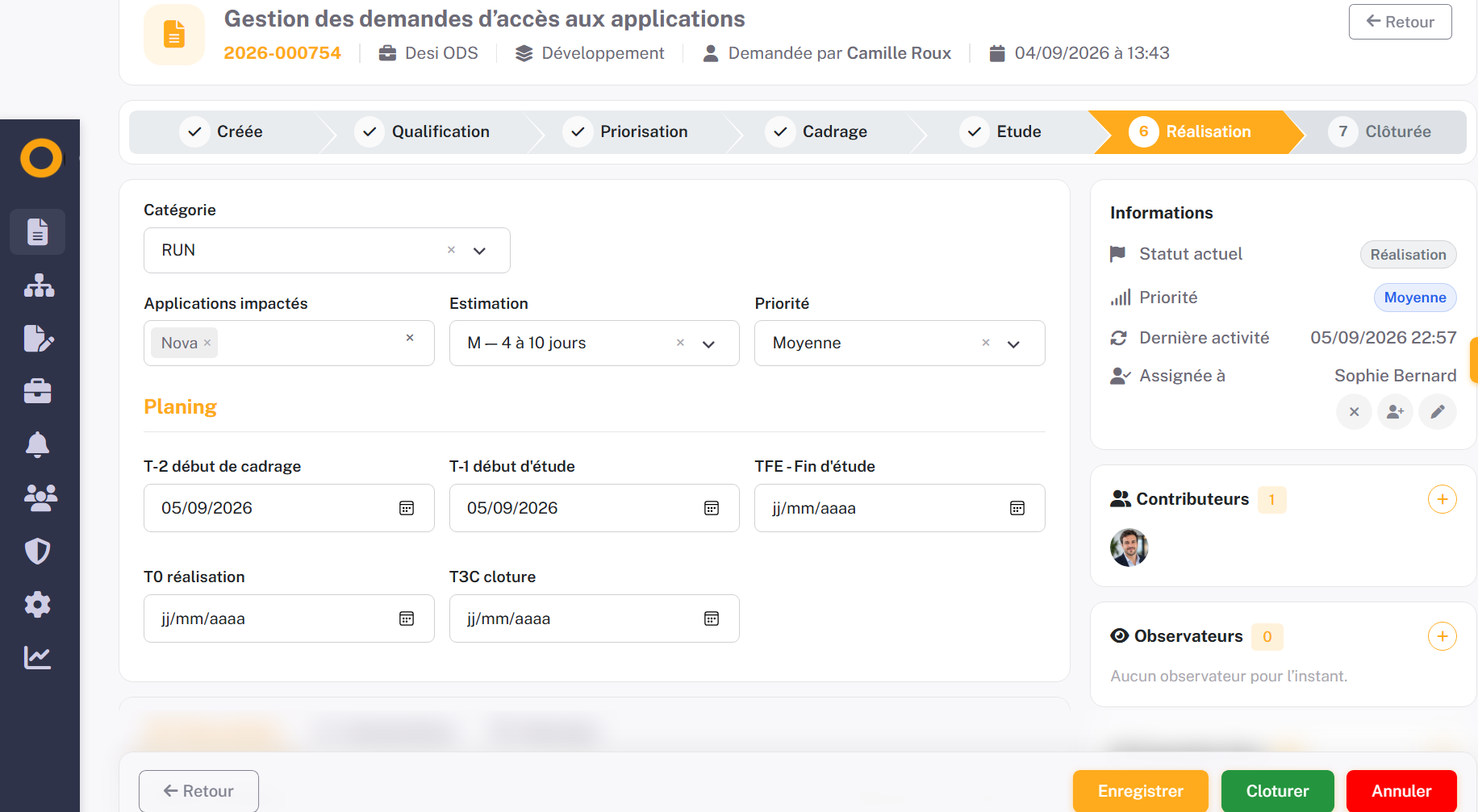 Détail d'une demande Odeemy avec étapes, contributeurs et actions