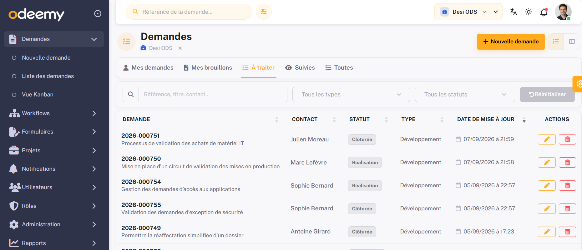 Interface réelle Odeemy avec la liste des demandes, statuts, filtres et actions