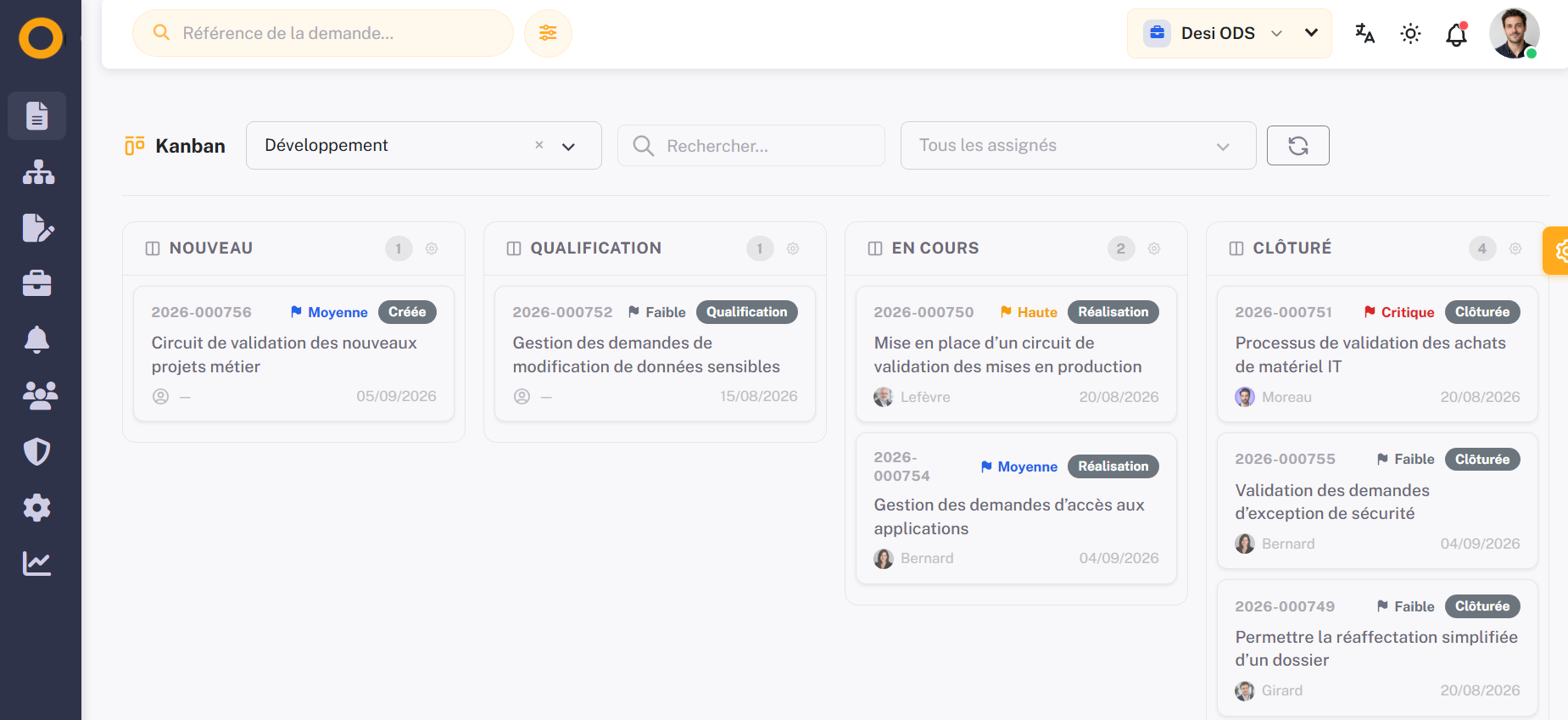 Vue Kanban des demandes dans Odeemy